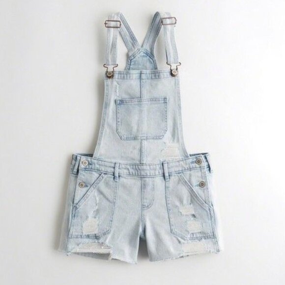 Hollister Boyfriend Short Overall Light Wash Distressed Shortalls Size Large - Picture 1 of 12